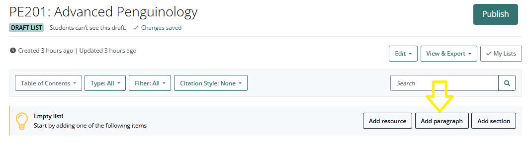 A screen grab showing how to add a paragraph to a reading list,