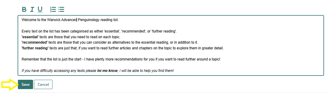 A screen grab showing how to insert and format text within the pragraph field before saving.