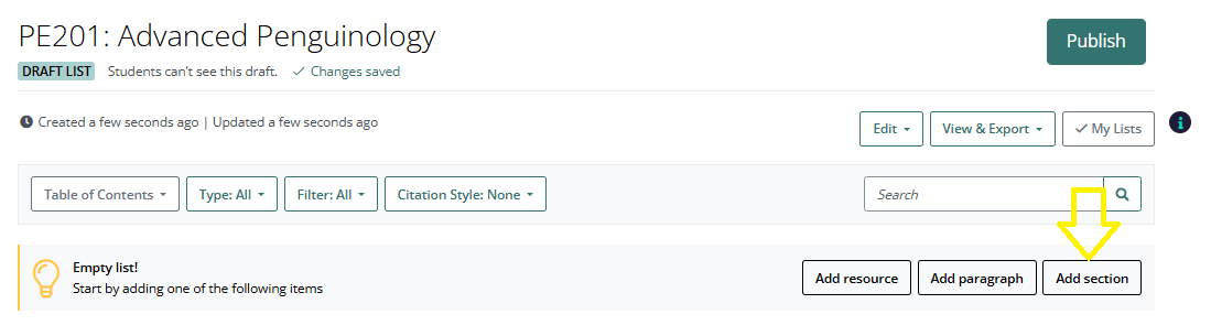 A screen grab showing where to find the Add Section button on a blank reading list.