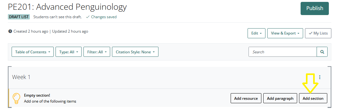 A screen grab showing how to add (nest) a new section within an existing section.
