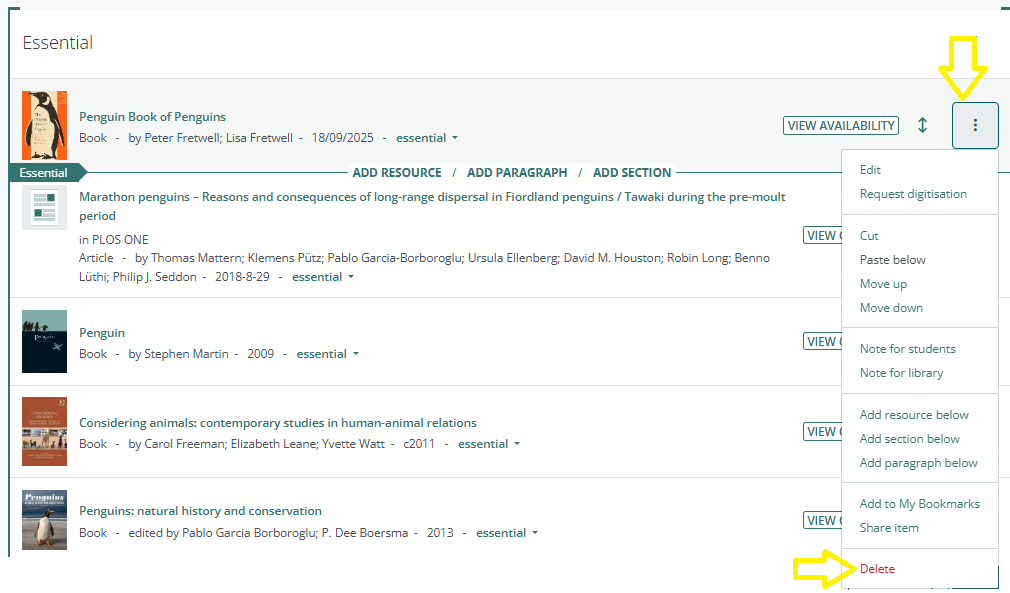 A screen grab showing how to delete a component from a reading list.