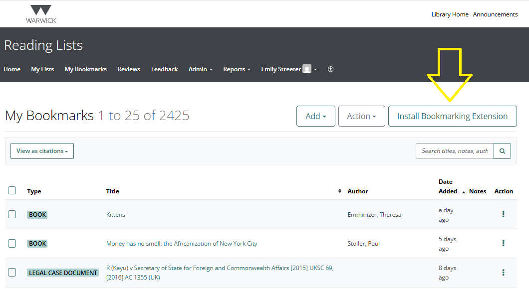 Screen grab showing the button for installing the bookmarking extension