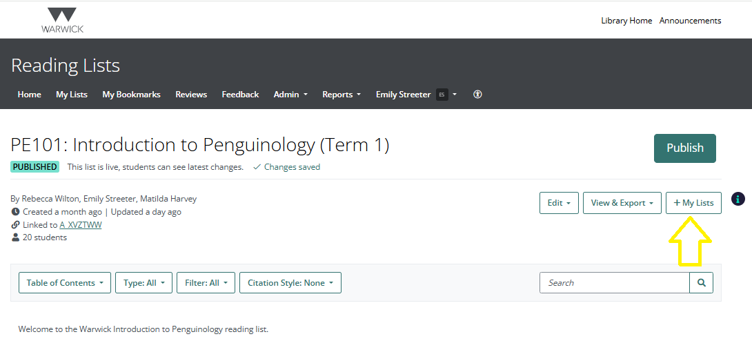 A screen grab of the +My Lists button