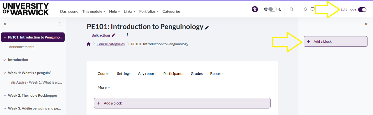 A screen grab indicating to switch Moodle to editing mode before choosing at Add a block