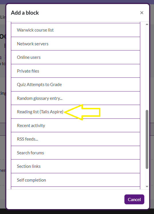 A screen grab showing which Moodle bock option to select for Reading Lists