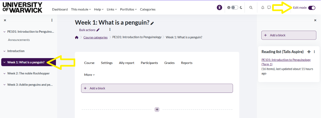 A screen grab showing how to turn on editing mode and select the appropriate section of the Moodle space from the table of contents.