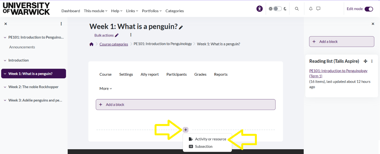 A screen grab showing how to add an activity of resource to the Moodle centre pane of a particular section.