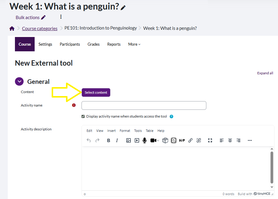 A screen grab showing the Select Content button for selecting which reading list to embed.