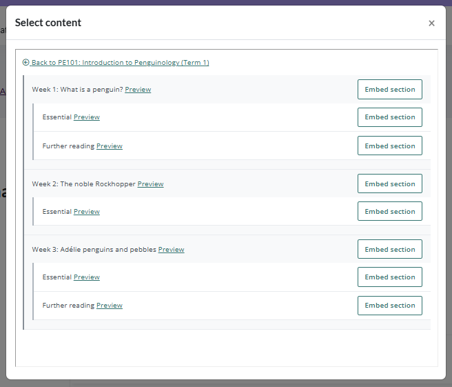 A screen grab showing the different sections of a selected Talis Aspire reading list that can be embedded into the Moodle space.