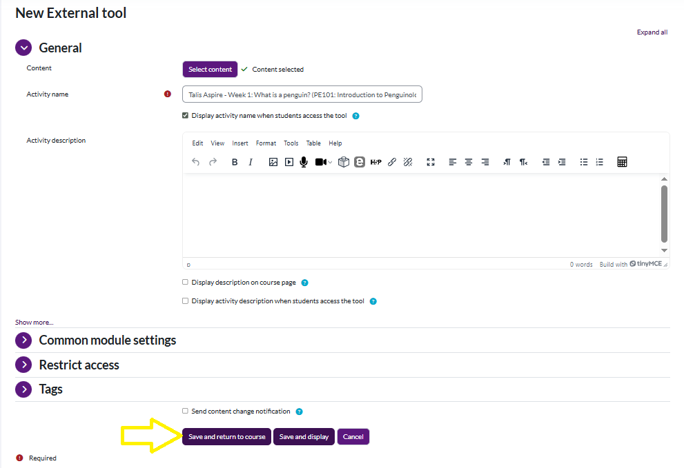 A screen grab showing a confirmation of the reading list section to be embedded into the Moodle space.