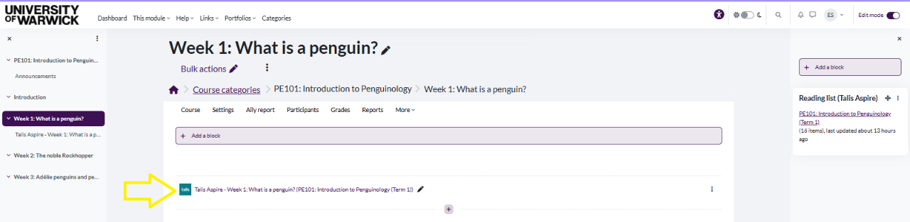 A screen grab showing the newly embedded reading list section within the Moodle space.