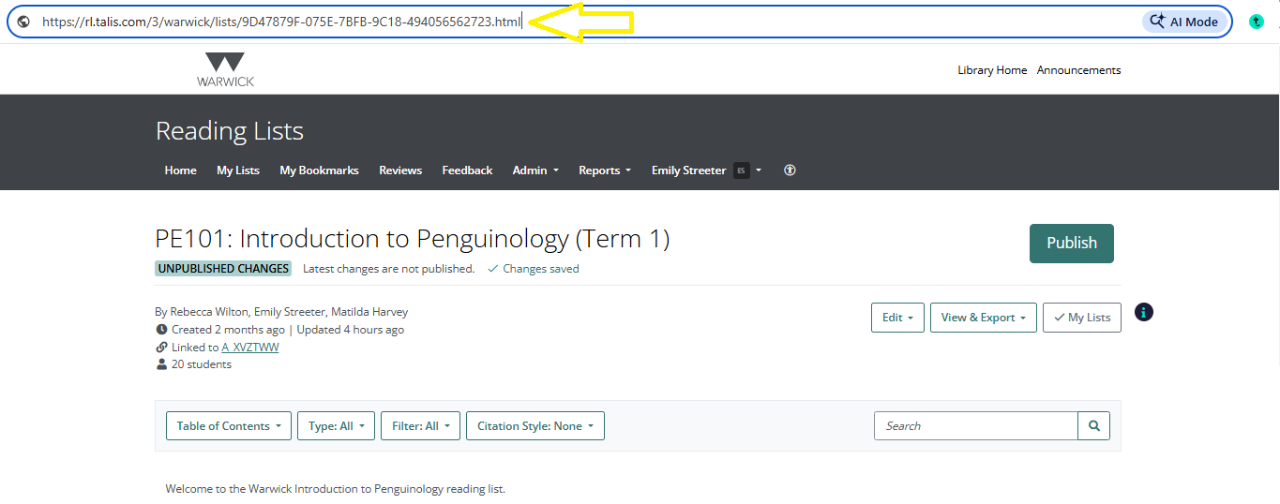 A screen grab showing where to copy the Talis Aspire reading list URL from.