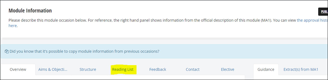 A screen grab showing he Reading List tab within the MyWBS modue space.