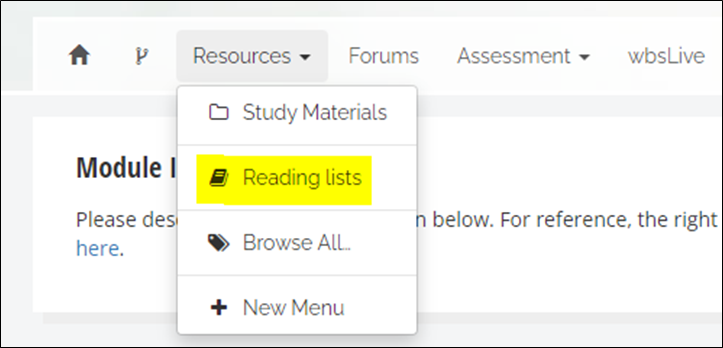 A screen grab showing the Reading List section within the Resources menu in MyWBS where students can view the embedded list.