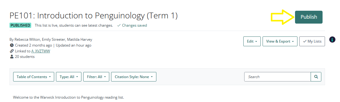 A screen grab showing thePublish button at the top of a reading list
