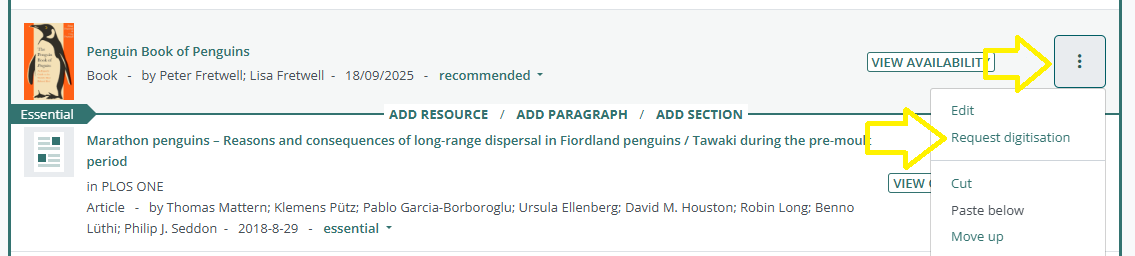 A screen grab showing to to select Request Digitisation from the vertical ellipsis menu on a bookmark.