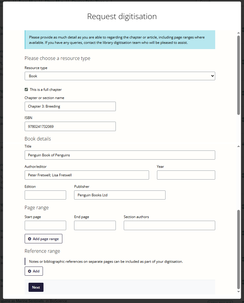 A screen grab of the first page of the Request Digitisation Form