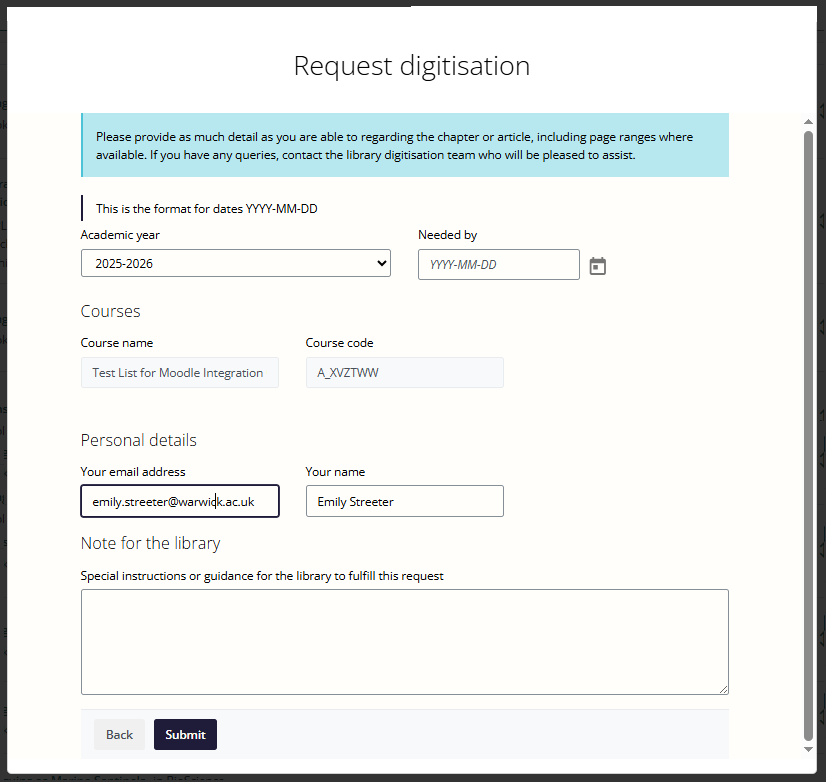 A screen grab of the second page of the Request Digitisation Form