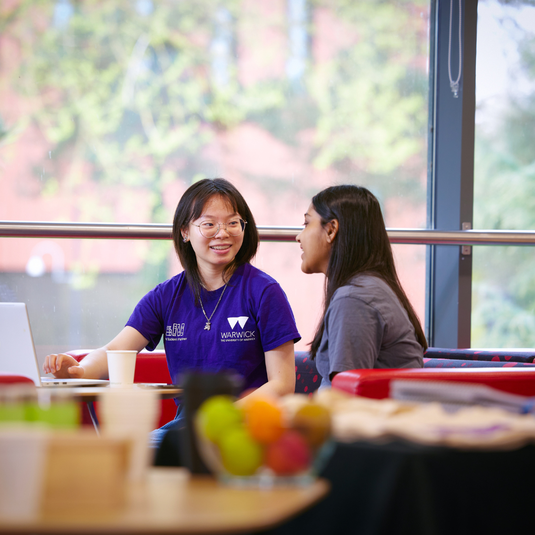 A photo of a Library Student Partner talking to a student with a laptop open in front of them.