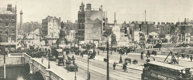 A sepia photograph portraying Dublin's O'Connell Street in the early 20th century