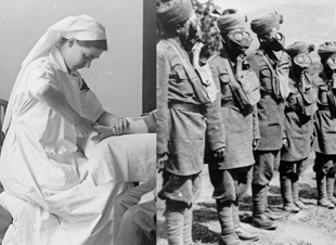 Photo of World War 1: a number examining a patient, Indian soldiers wearing gas masks 