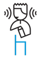 A line drawing  of a person standing behind a bar, shaking a cocktail shaker with line representing sound travalling to their ears