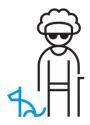 A line drawing of a person wearing sunglasses with a blue line dog