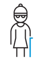 A line drawing of a person wearing glasses and carrying a blue walking stick