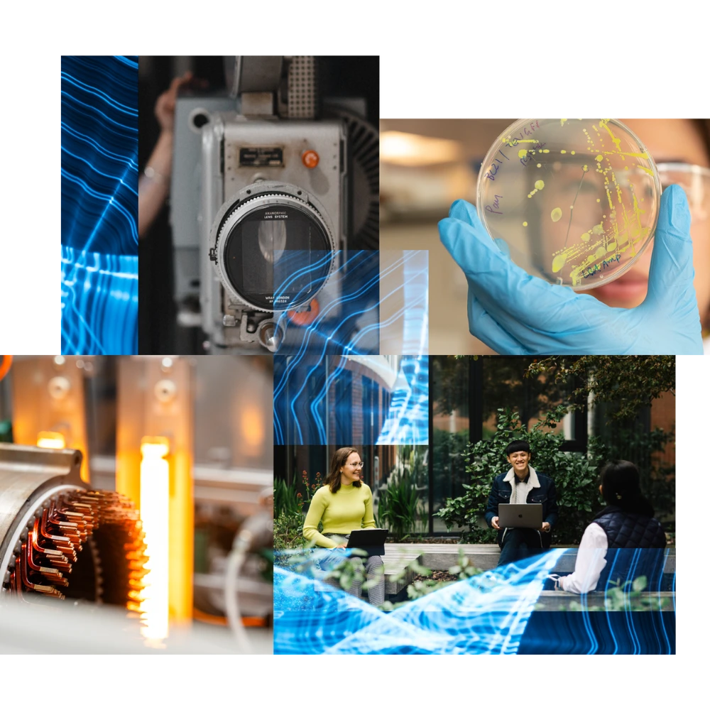 A collection of closeup research photographs overlaid with swirls of blue.