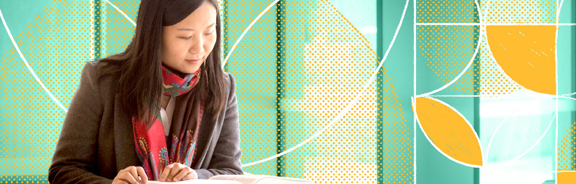 Decorative image - a female business person reading over documents. Background is a blue green gradient with white arcs, yellow dots, and yellow bar highlights.