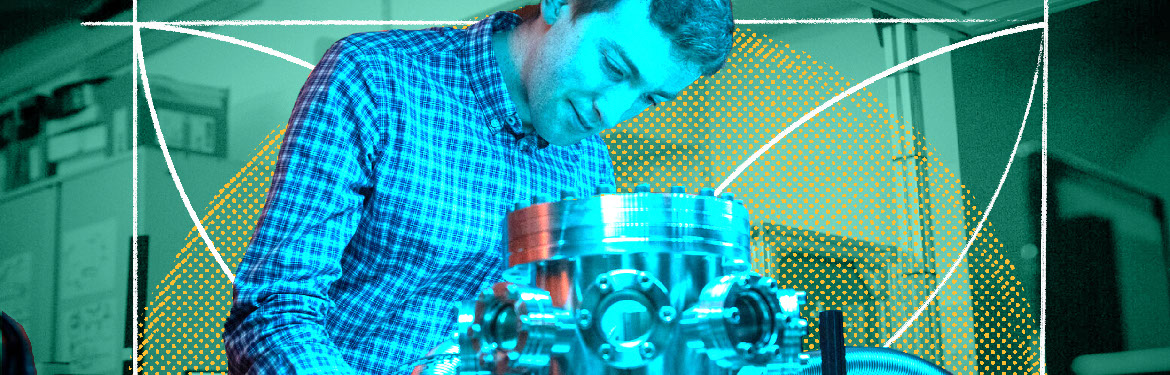 Decorative image - male academic looking at a piece of engineering equipment. Background is a green gradient, with white arcs and yellow dots.