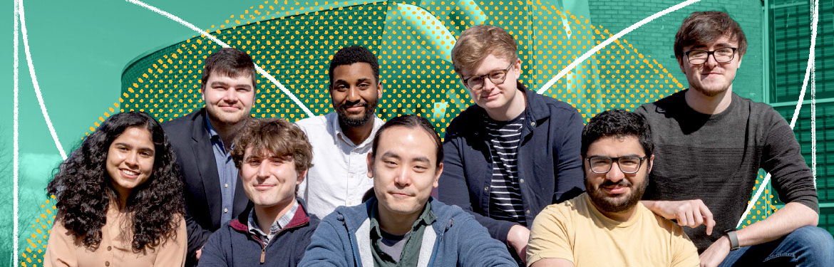 Decorative image - group of diverse graduate students posing sat on a bench. Background is a green-blue overlay coloyr with white arcs and yellow dot highlights.