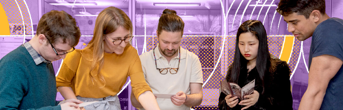 Decorative image - a group of students, academics and business partners discussing a project around a table. Background is stylised with purple gradient and white arcs.