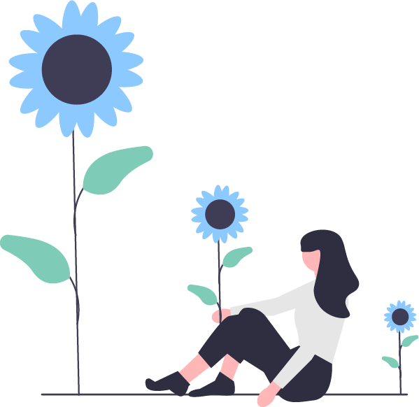 Illustration of a person sitting next to 3 potted flowers