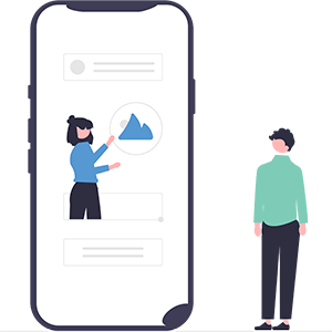 Illustration of a person watching someone explain something on a mobile phone