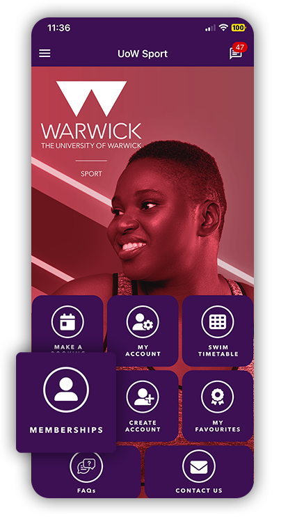 Highlighting the memberships icon, on the University of Warwick App.