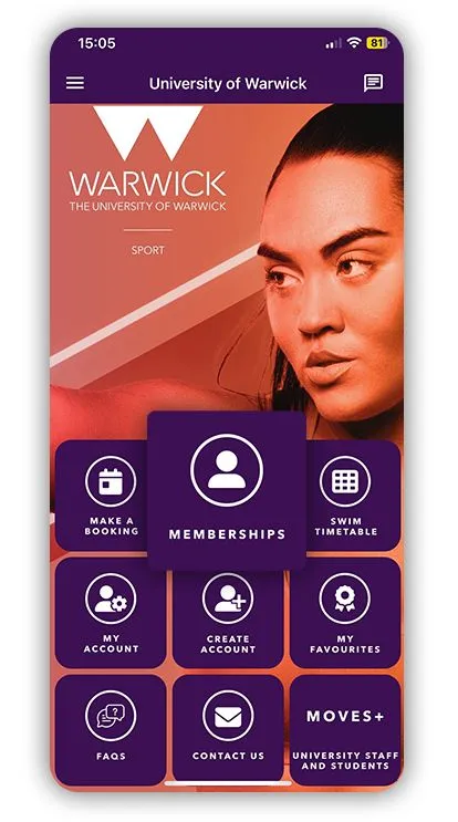 Highlighting the memberships icon, on the University of Warwick App.