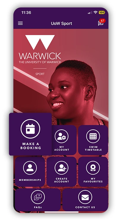 Highlighting the make a booking icon, on the University of Warwick App.