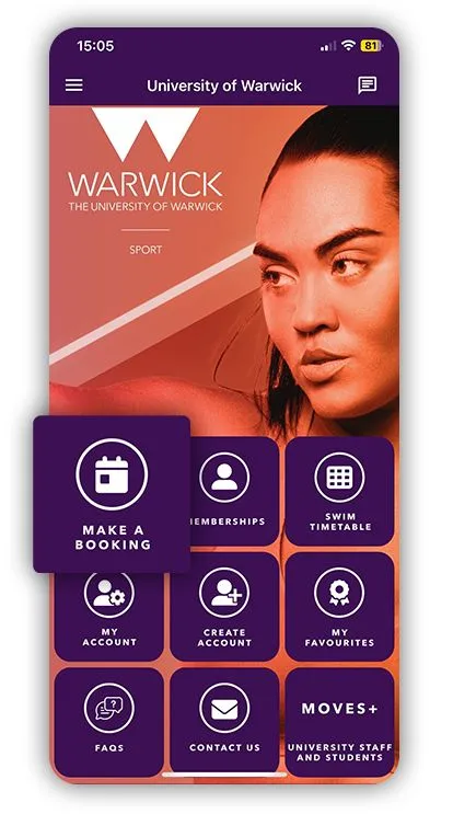 Highlighting the make a booking icon, on the University of Warwick App.