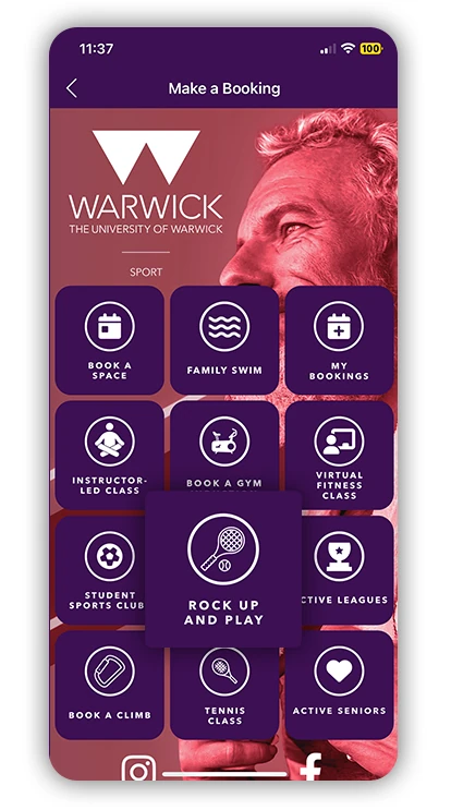 Highlighting the rock up and play icon, on the University of Warwick App.