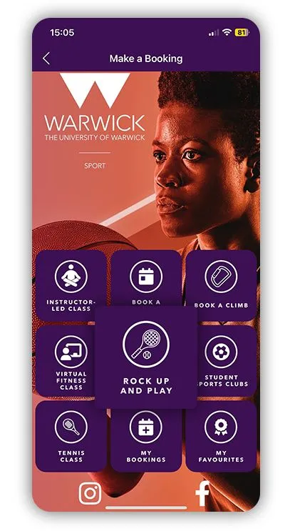 Highlighting the rock up and play icon, on the University of Warwick App.