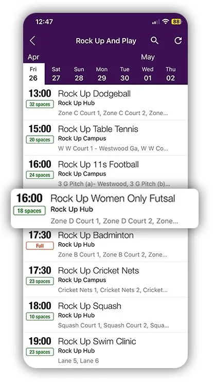 Highlighting a rock-up and play session, available on the University of Warwick App.