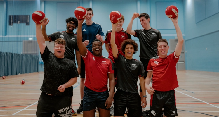 Playing dodgeball inside the sports and wellness hub