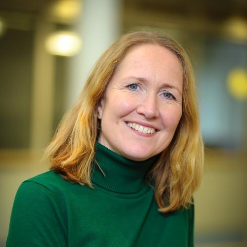 Image of a woman in a green turtle neck smiling, on a blurred background