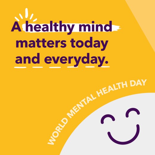 Deep yellow background with a light purple smiley face in the lower right hand corner, with 'World Mental Health Day' curved around it. In the top Left hand corner in dark purple it reads 'A health mind matters today and everyday'