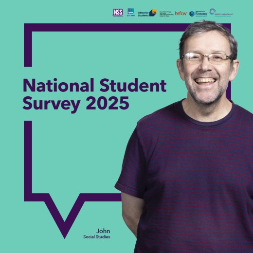 Green background with a purple square quote and National Student Survey 2025 contained within. An image of a smiling man in glasses sits over this.