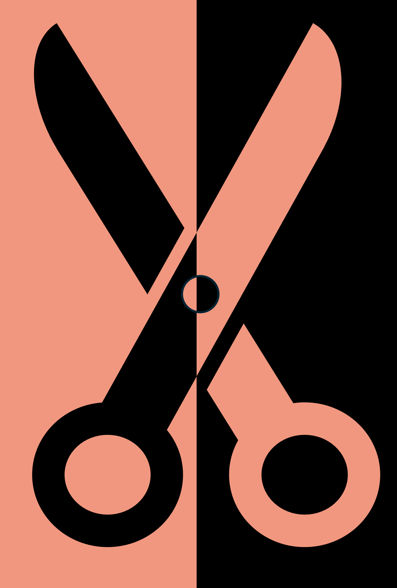 Cartoon image of an open scissor, one half of the image is a coral background with the scissor graphic in black, the other half has the colours reversed with a black background and the scissor graphic in coral