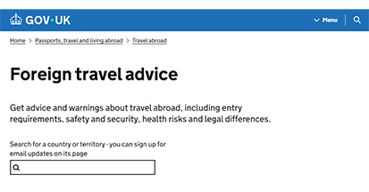 Screen grab from UK Gov page headed Foreign Travel Advice