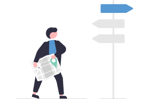 Illustration of a person holding a map standing next to road signs