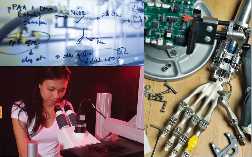 Scientific equation, robotic hand, student looking in to microscope